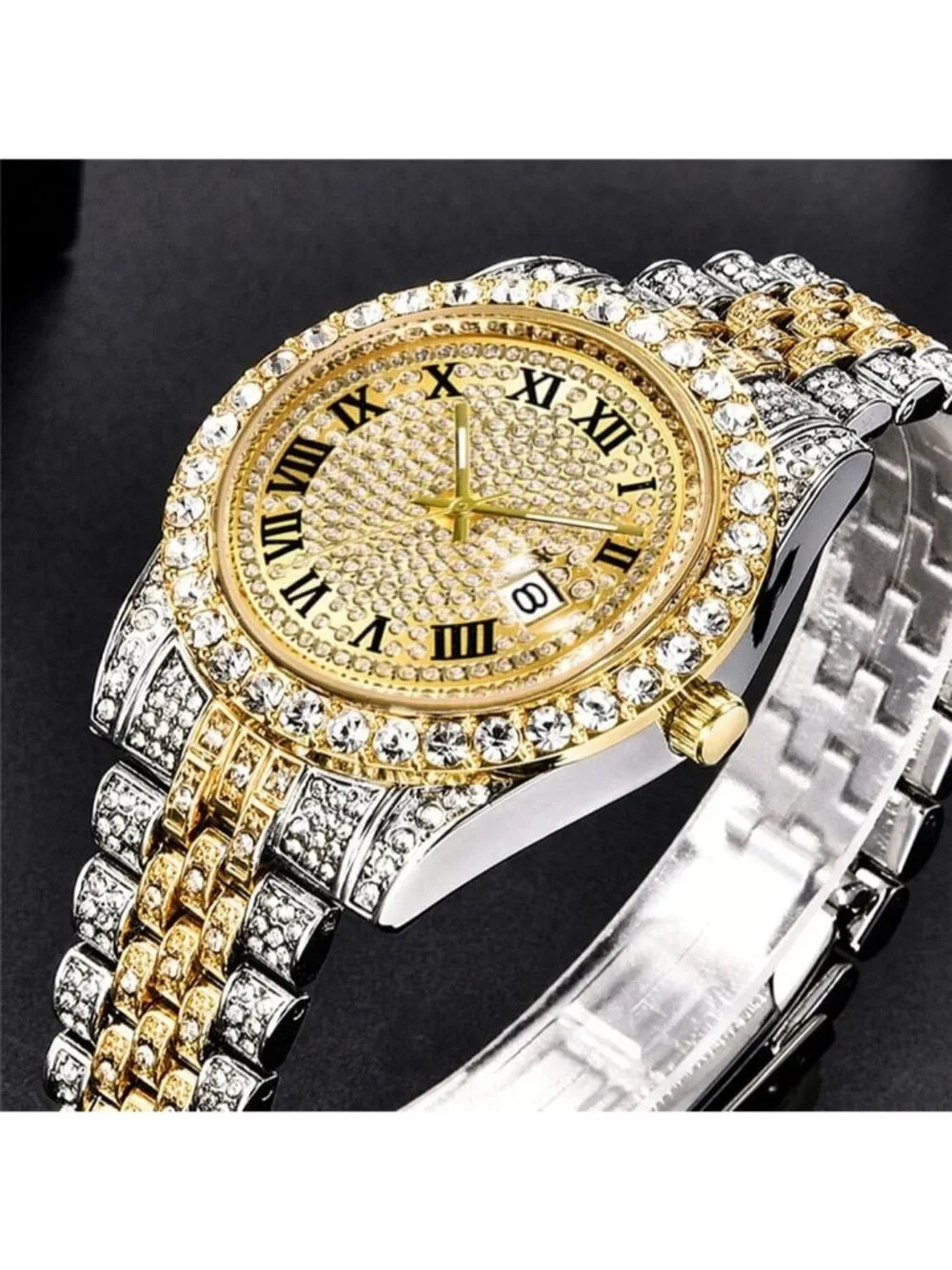 Mens Silver Gold Analog Crystal Rhinestone Diamond Iced-Out Bracelet Wrist Watch